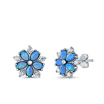 Flower Stud Earrings Lab Created Blue Opal Simulated CZ 925 Sterling Silver (9mm)